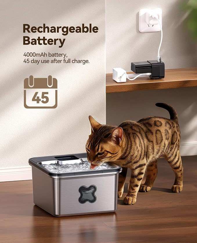 Cordless Cat Water Fountain with Stainless Steel Bowl
